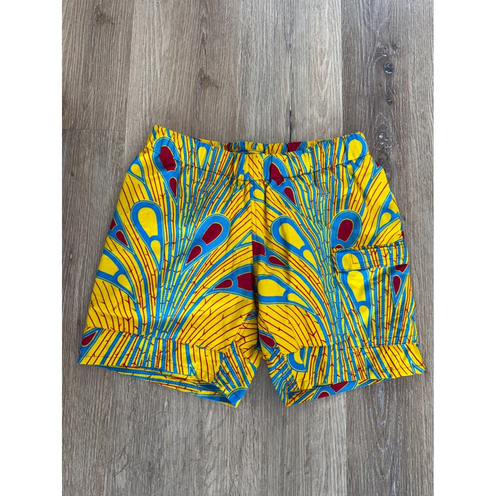 SN African Wax Print Shorts Mens Medium Yellow Blue Peacock Cargo Pocket